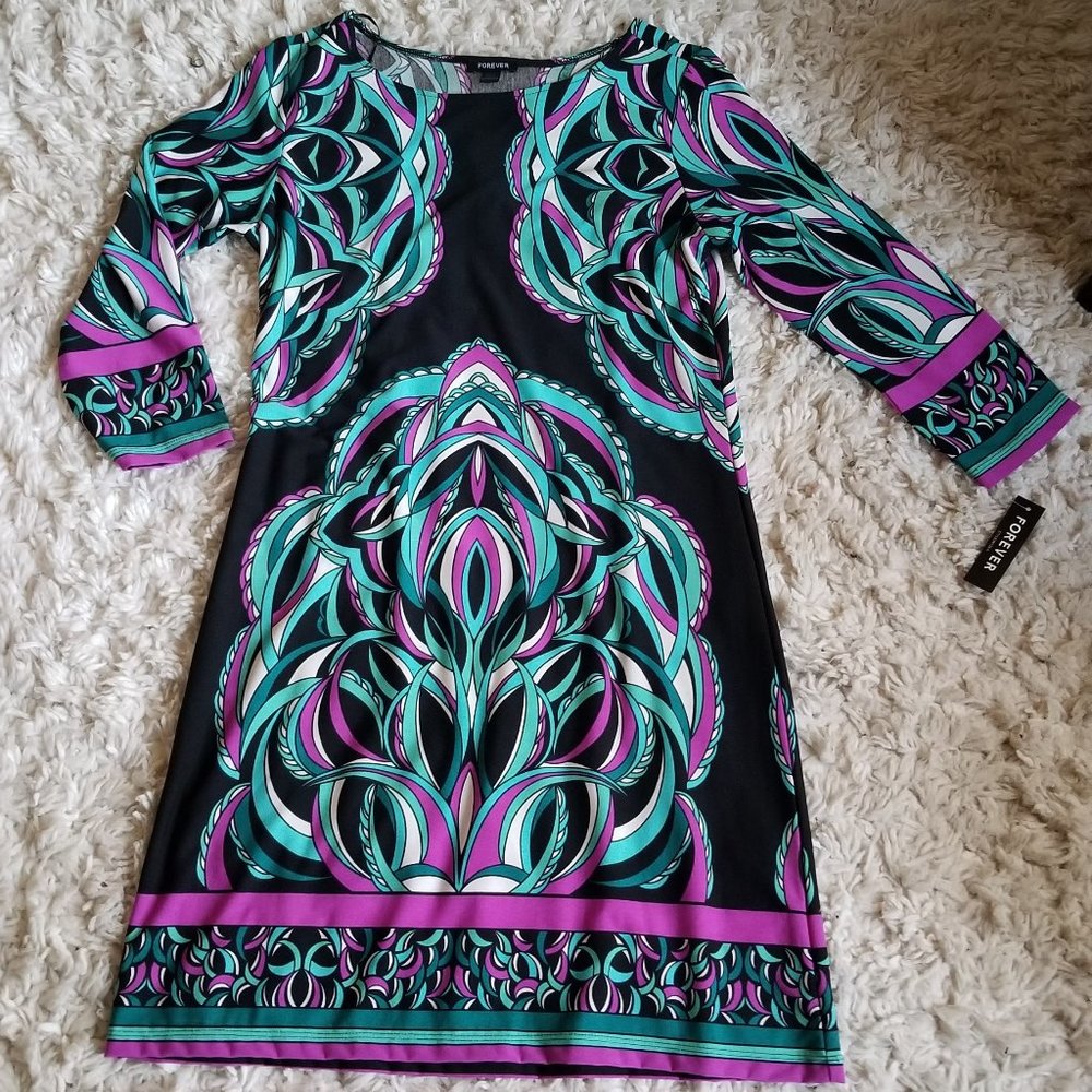 NWT Forever Above-Knee Patterned Multi-Color Dress